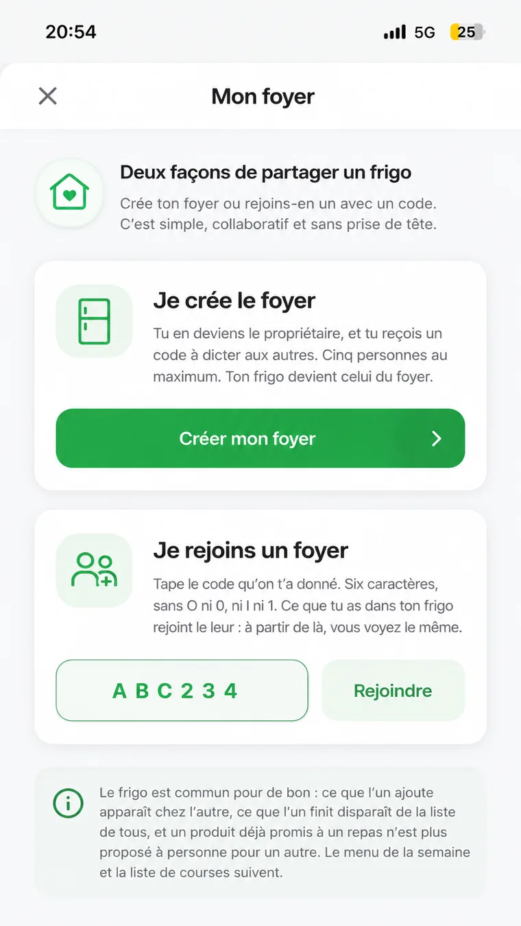 L'écran « Mon foyer » de Frugalys : créer un foyer ou en rejoindre un avec un code à six caractères.