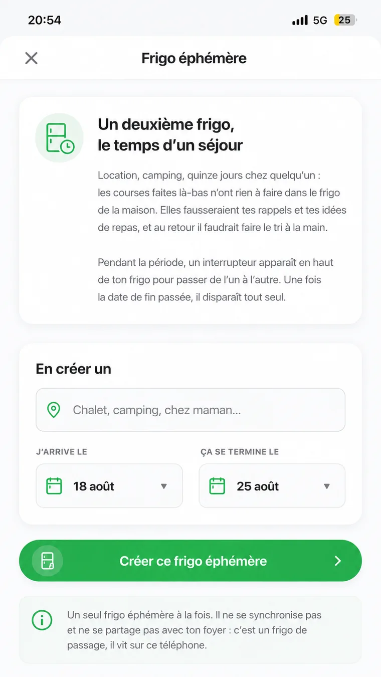 L'écran « Frigo éphémère » de Frugalys : créer un second frigo pour la durée d'un séjour, avec une date de début et une date de fin.