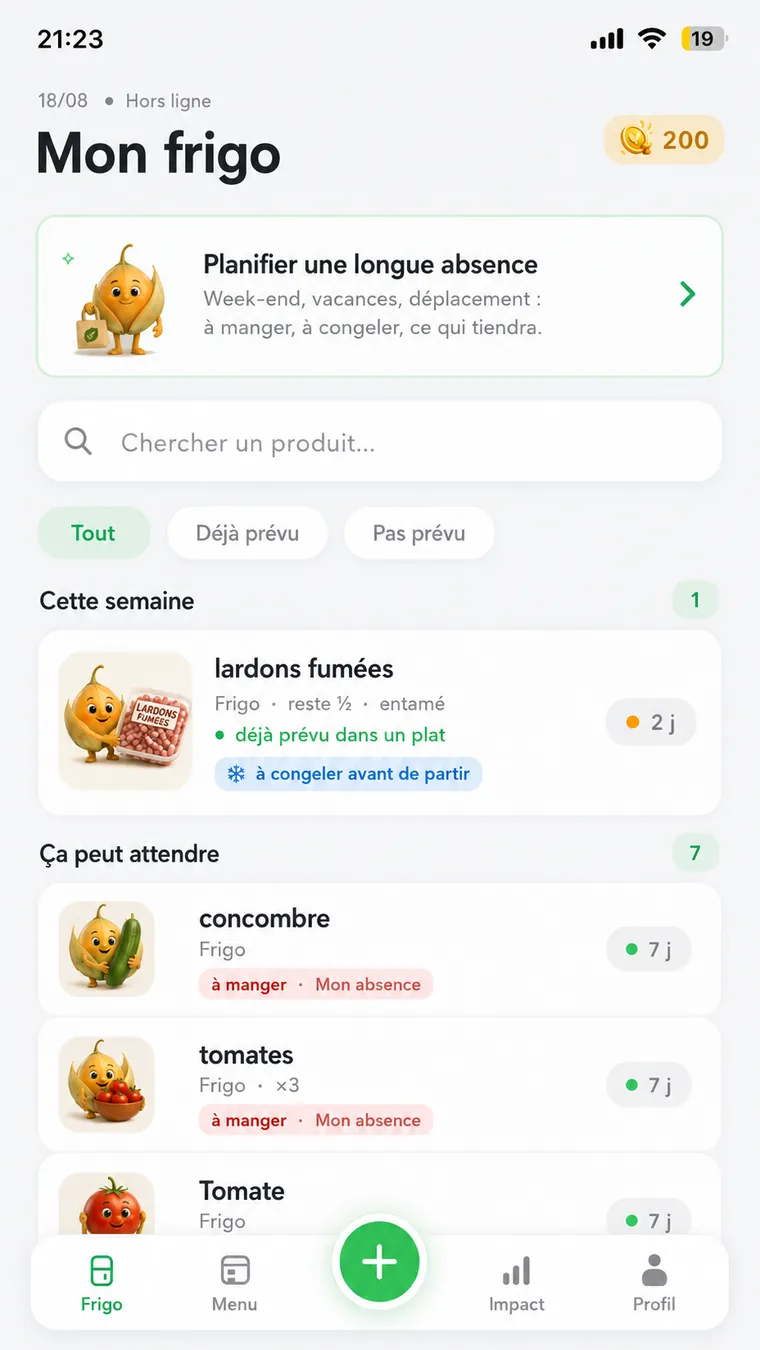 L'écran « Mon frigo » de Frugalys : les produits triés par urgence, du plus pressé au moins pressé.
