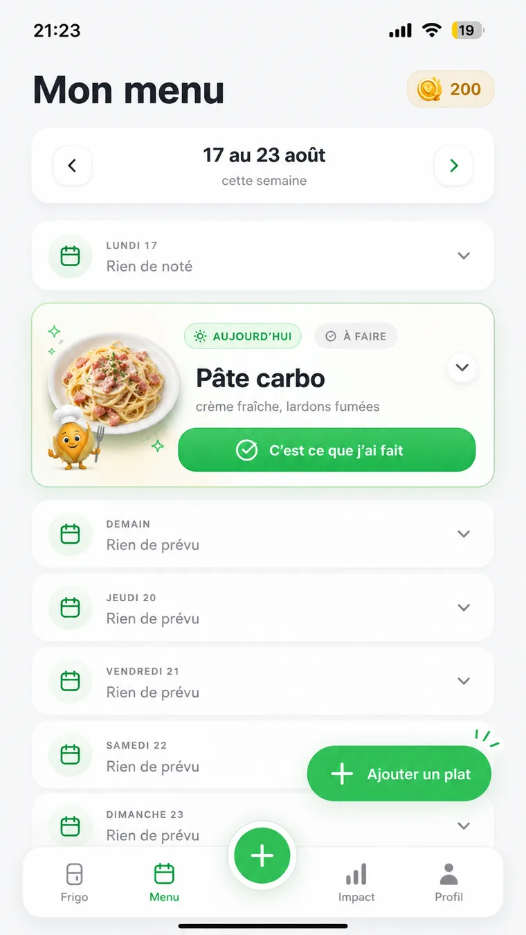 L'écran « Mon menu » de Frugalys : le planning de la semaine bâti autour des produits qui périment en premier.