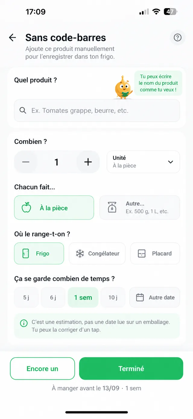 L'ajout d'un produit sans code-barres dans Frugalys : le produit se choisit dans une liste et reçoit une durée de conservation par défaut.