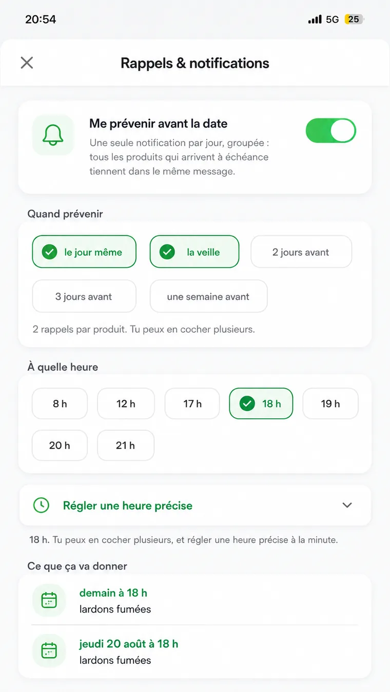 L'écran des rappels de Frugalys : le délai avant péremption et l'heure de la notification se choisissent.